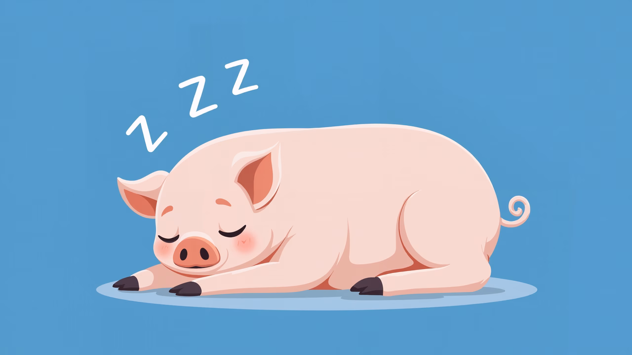 A serene illustration of a sleeping pig on a blue background.