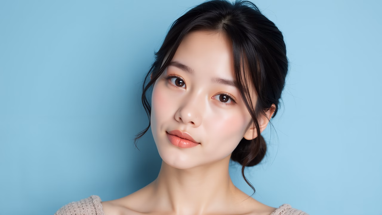 Close-up portrait of a person with soft lighting and gentle makeup, set against a light blue background.