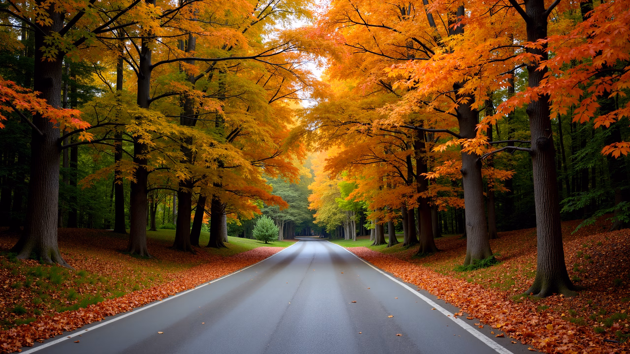 Autumn road with vibrant foliage and tranquil atmosphere