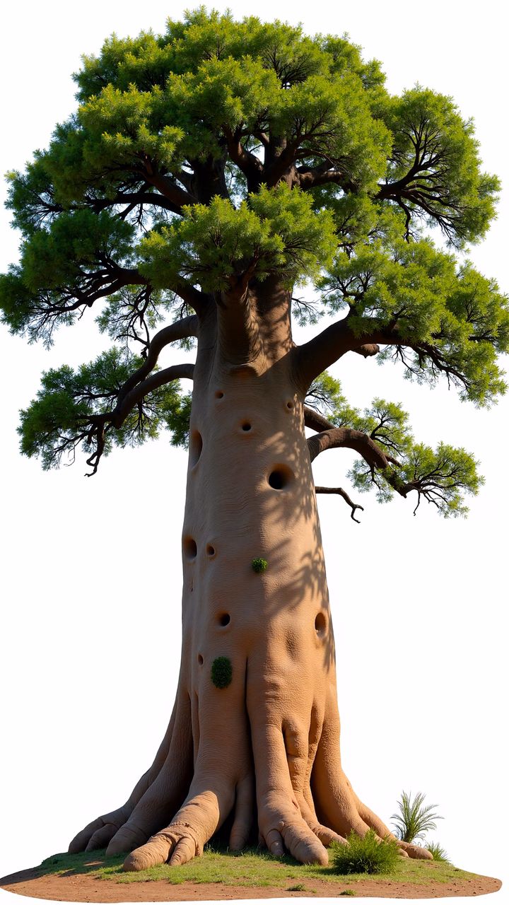 Detailed illustration of a baobab tree with vibrant green foliage and textured bark.