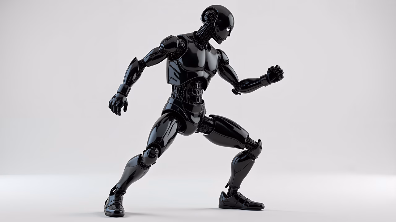 A sleek black robot in a dynamic pose, set against a minimalist white background.