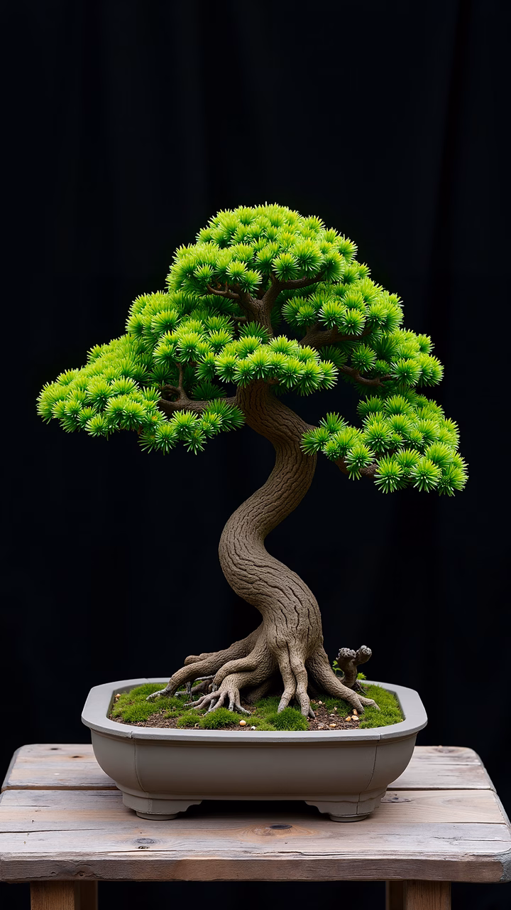 A beautifully maintained bonsai tree with intricate roots and vibrant green foliage set against a black background.