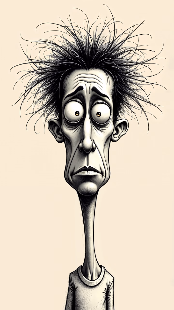 Cartoon character with wild hair and exaggerated features in a monochrome illustration.