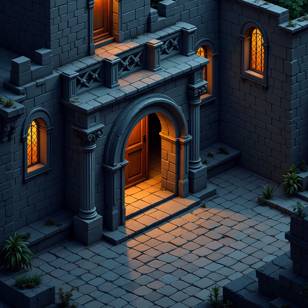 Mysterious medieval castle entrance with warm interior light contrasting cool stone exterior.