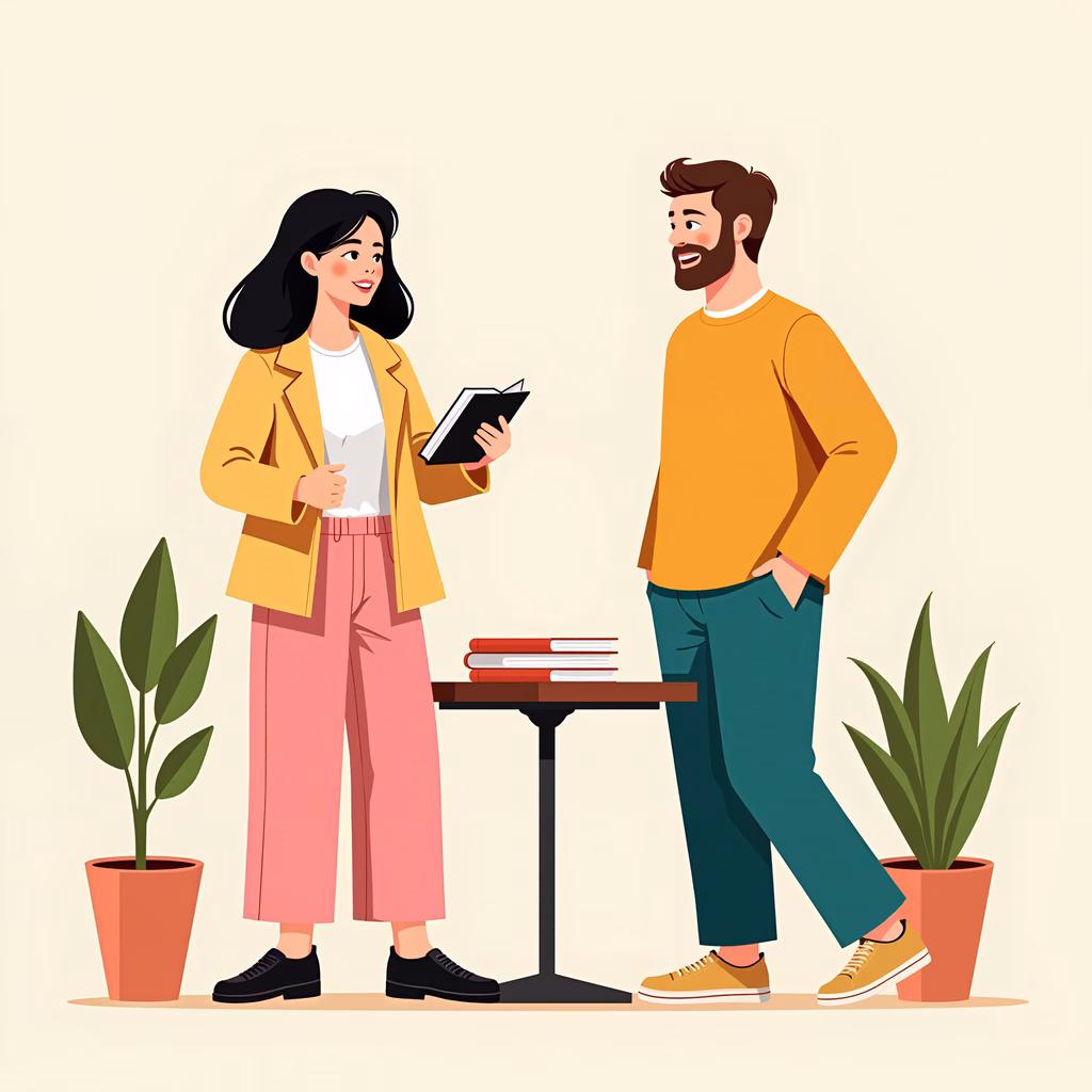 Casual conversation between two individuals in a relaxed setting, emphasizing collaboration and warmth.