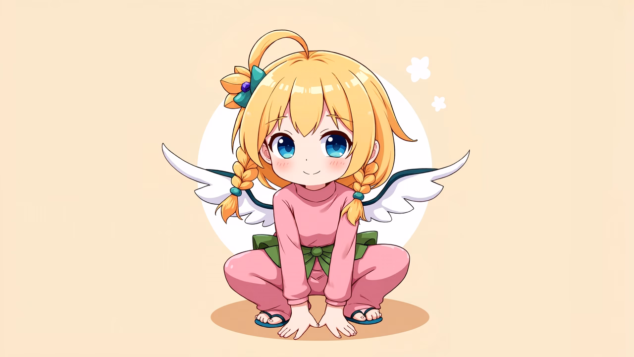 Cute chibi angel with golden braids and pink outfit, set against a soft beige background.