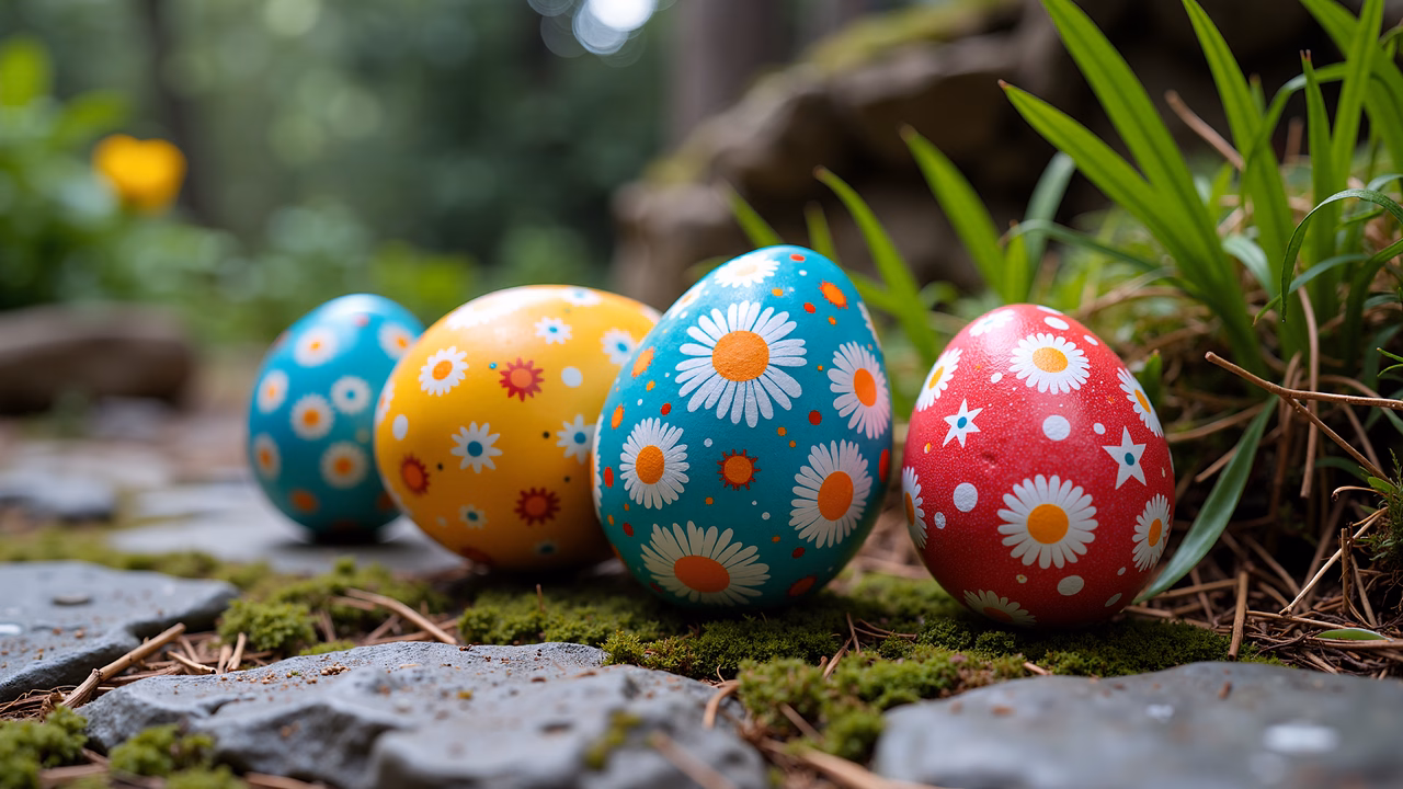 Brightly colored Easter eggs on a mossy stone path, celebrating springtime joy.