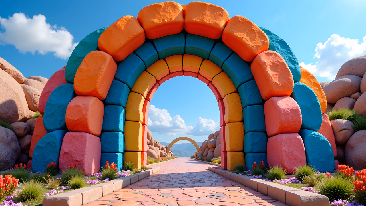 A cheerful rainbow arch leading to a scenic pathway under a bright sky.