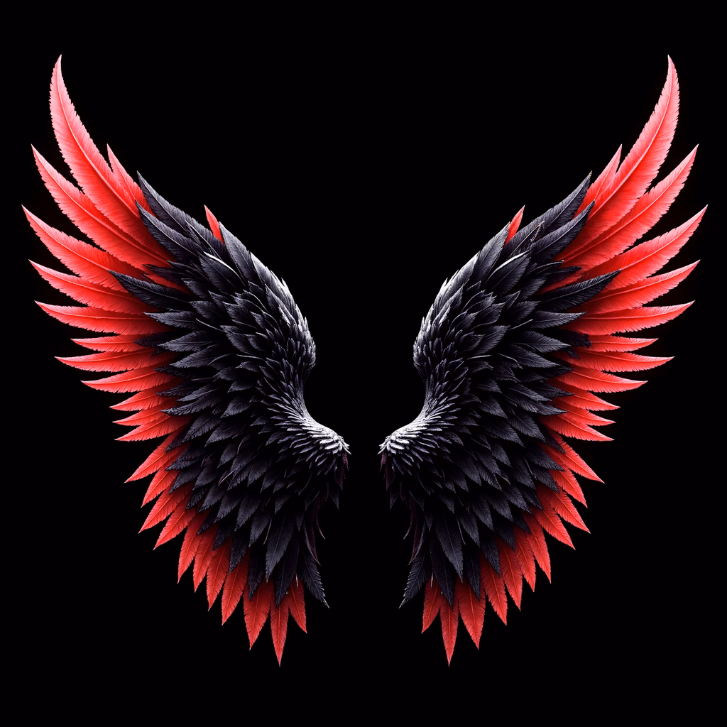Contrasting black and red wings on a dark background, artistic illustration.