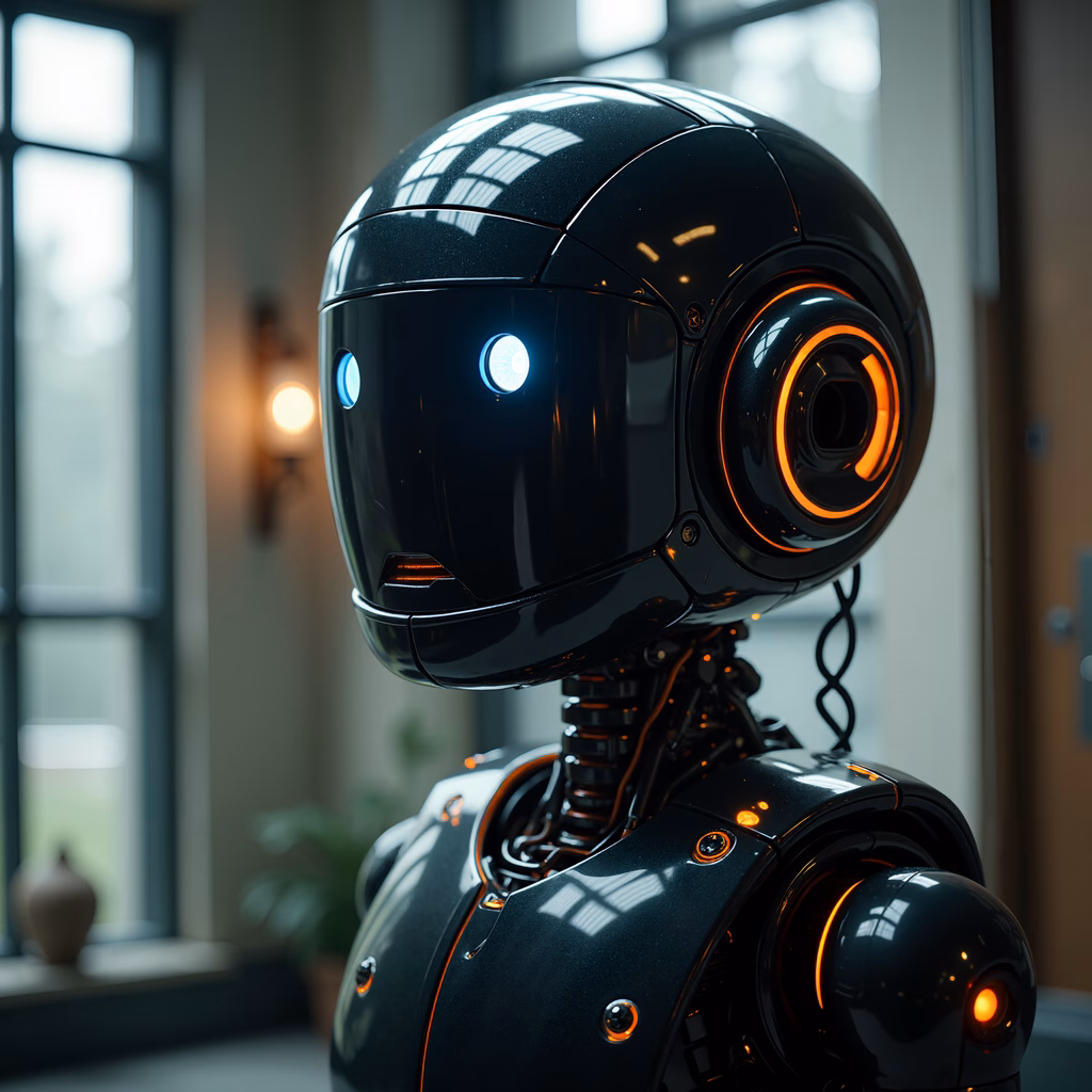A glowing cyberpunk robot in a futuristic setting.