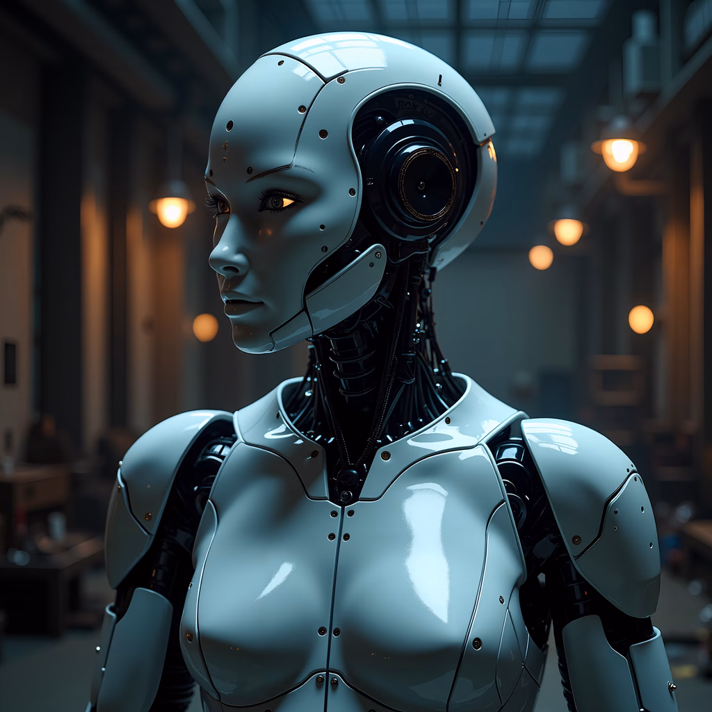 A striking illustration of a humanoid robot in a futuristic industrial setting.