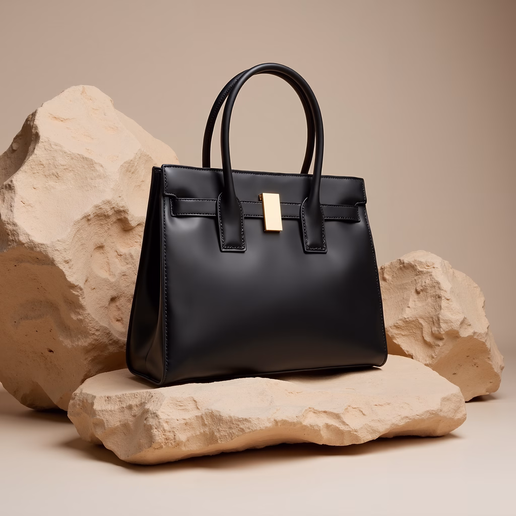 Elegant black leather handbag with gold hardware, sophisticated and timeless design.