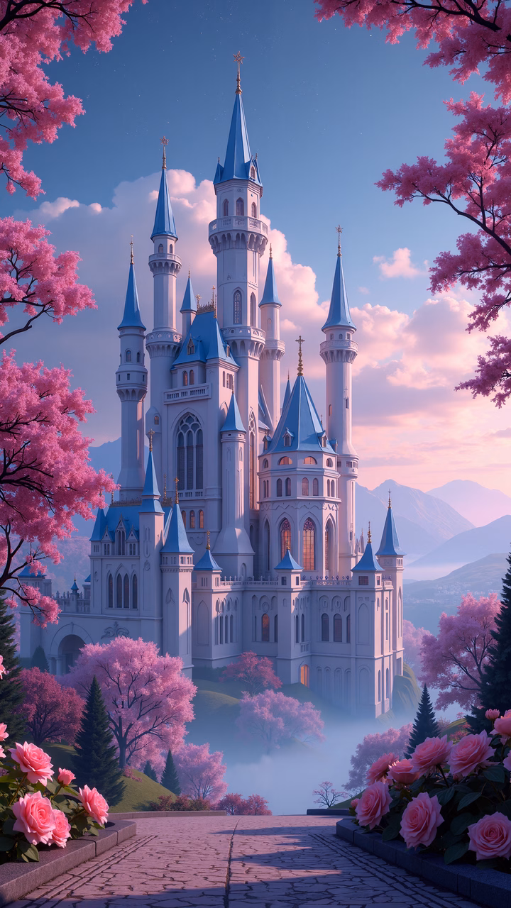 A magical castle surrounded by cherry blossoms under a soft sky.