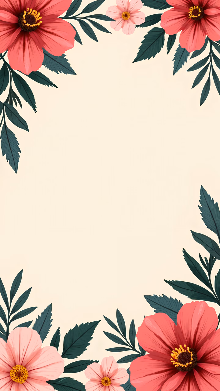 Vibrant floral frame with red and pink blooms on a beige background.