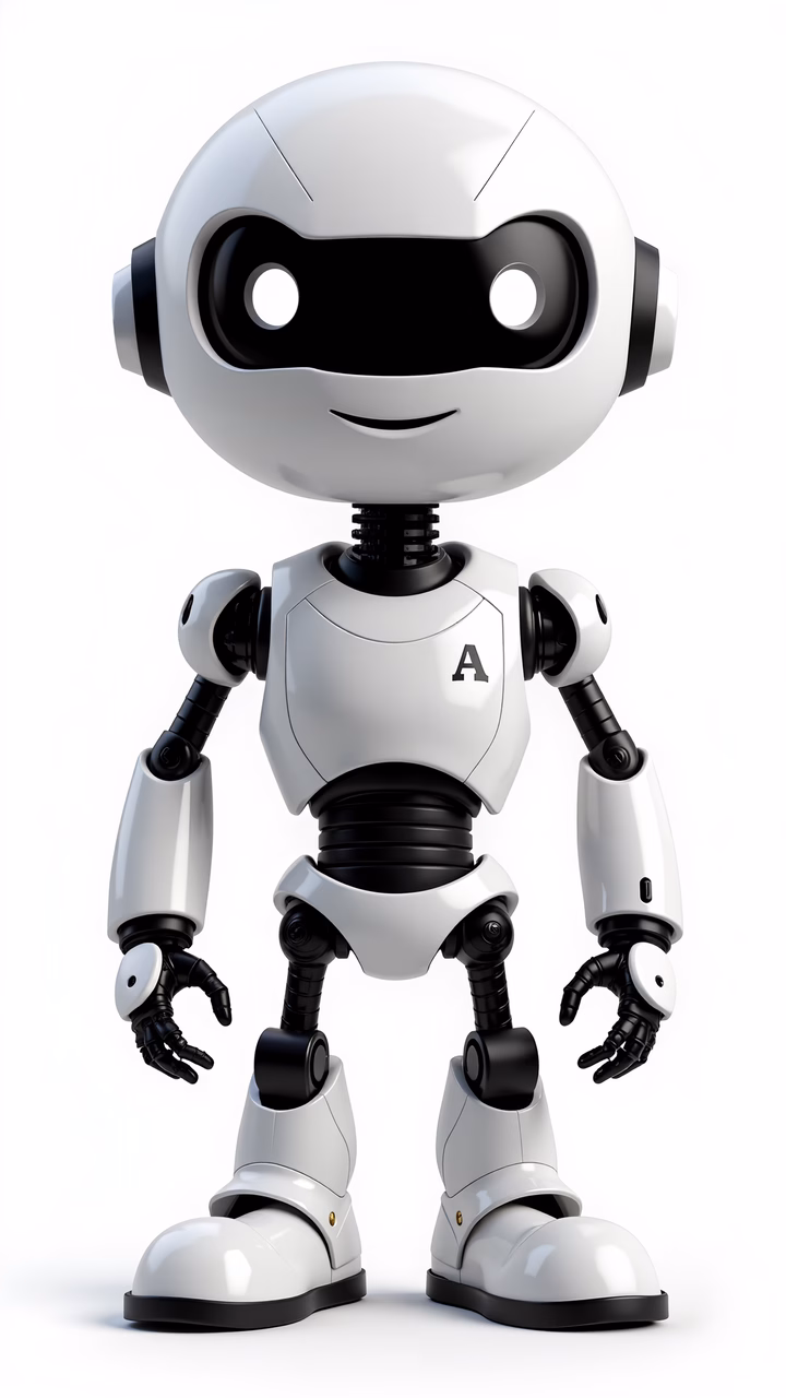 A cute, friendly robot with a minimalist design and warm expression.