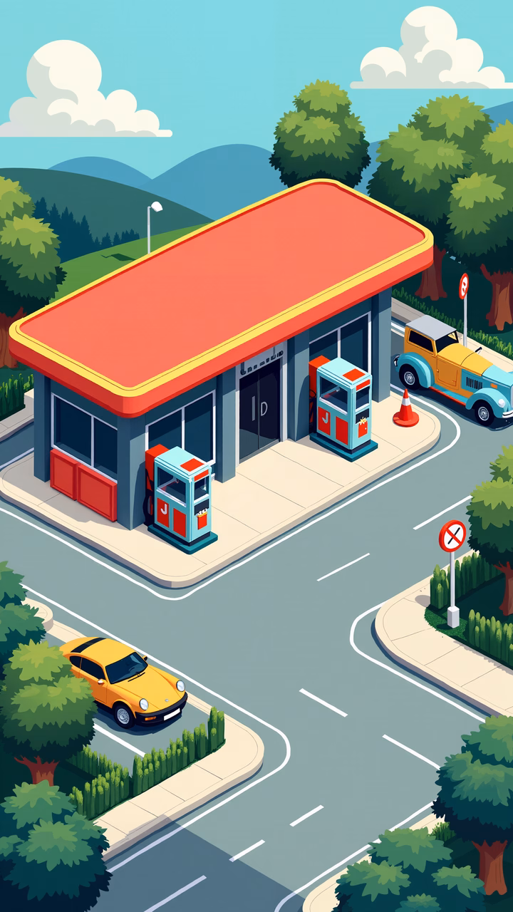 Vibrant gas station scene with cars and lush greenery under a clear sky.