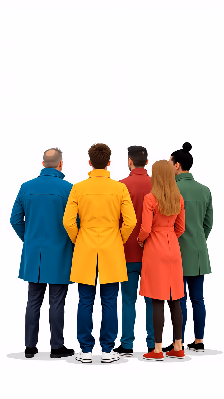 Five individuals in colorful coats standing together, showcasing vibrant fashion against a minimalist backdrop.