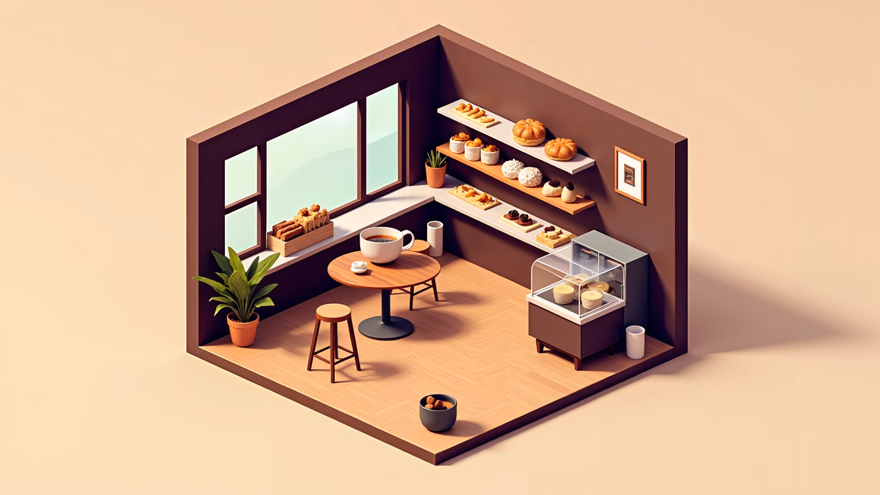 Warm and inviting isometric bakery interior with pastries and coffee.
