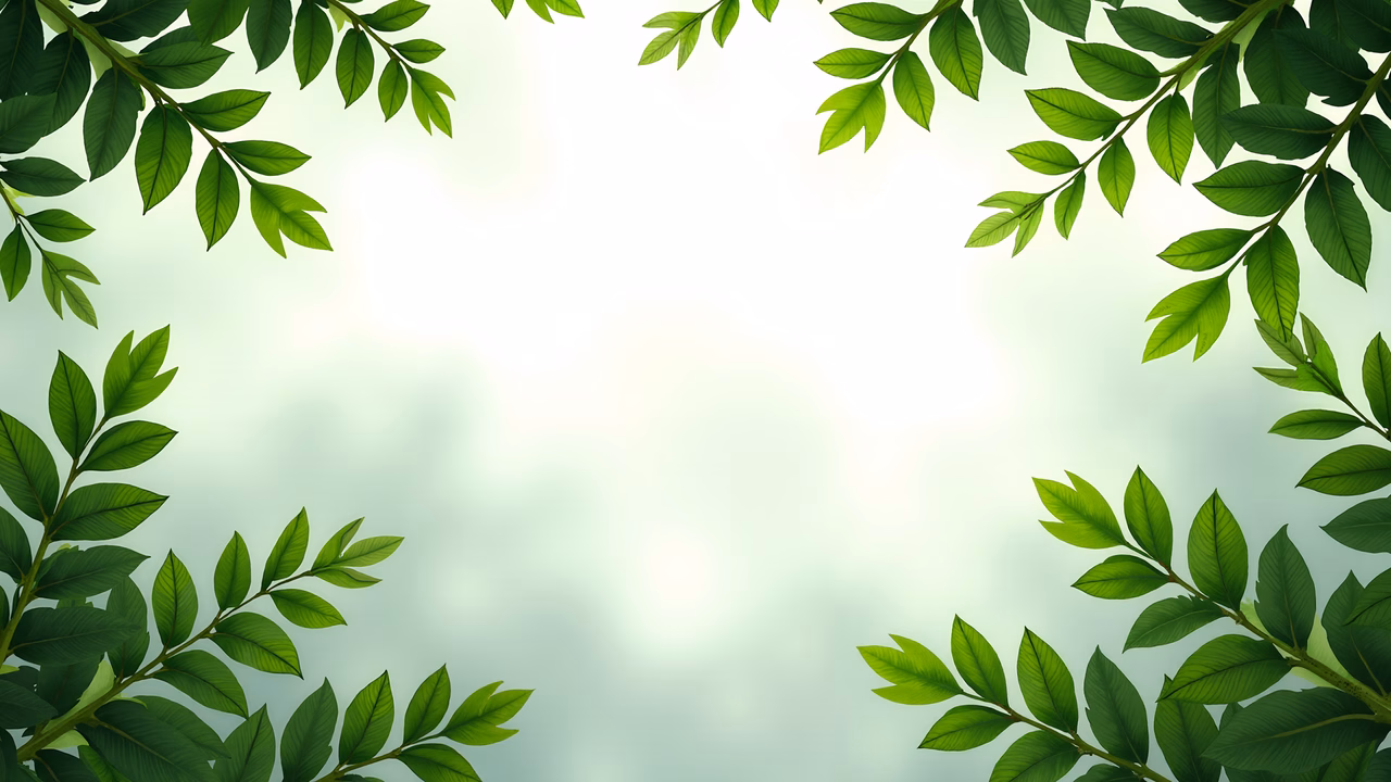 Symmetrical leaf frame with vibrant green tones and a soft background.