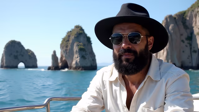 Man on Boat with Rocky Islands