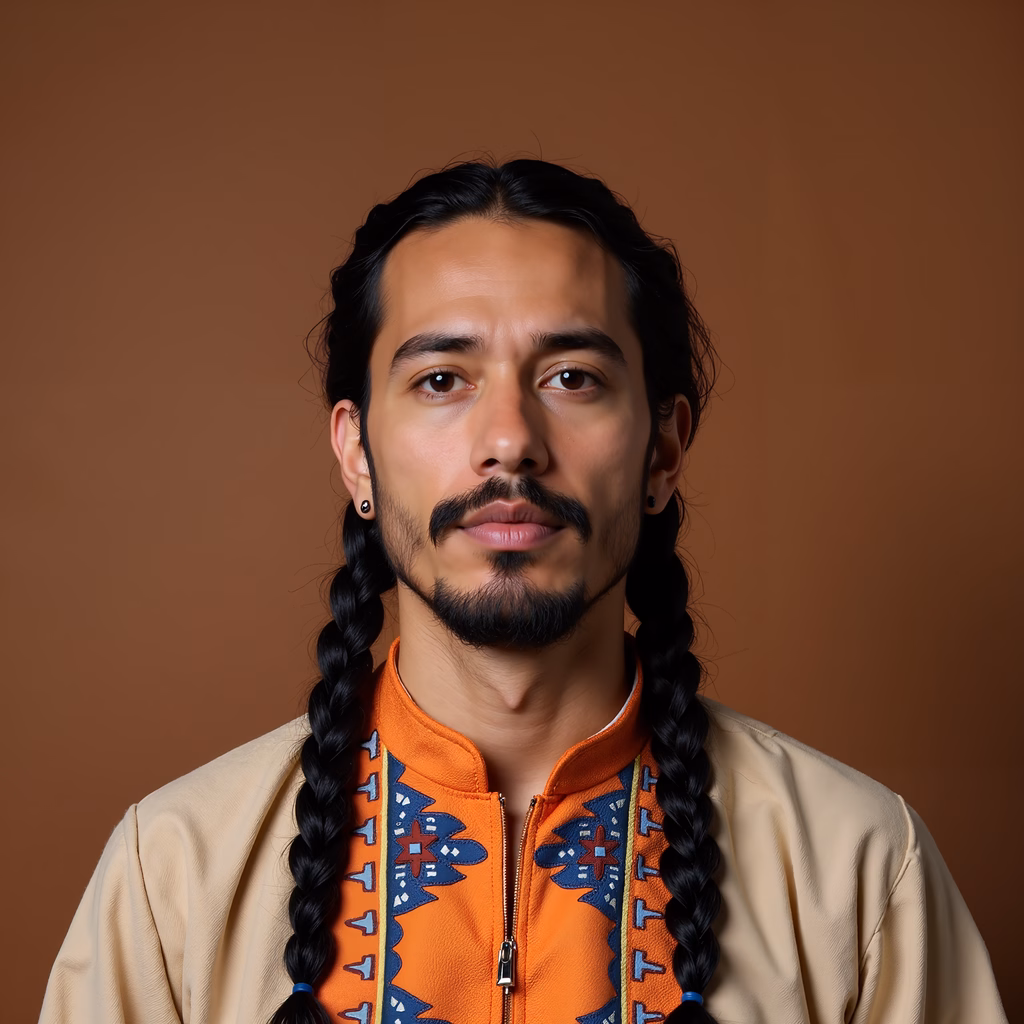 Close-up portrait of a man with braids in an orange jacket against a warm brown background.
