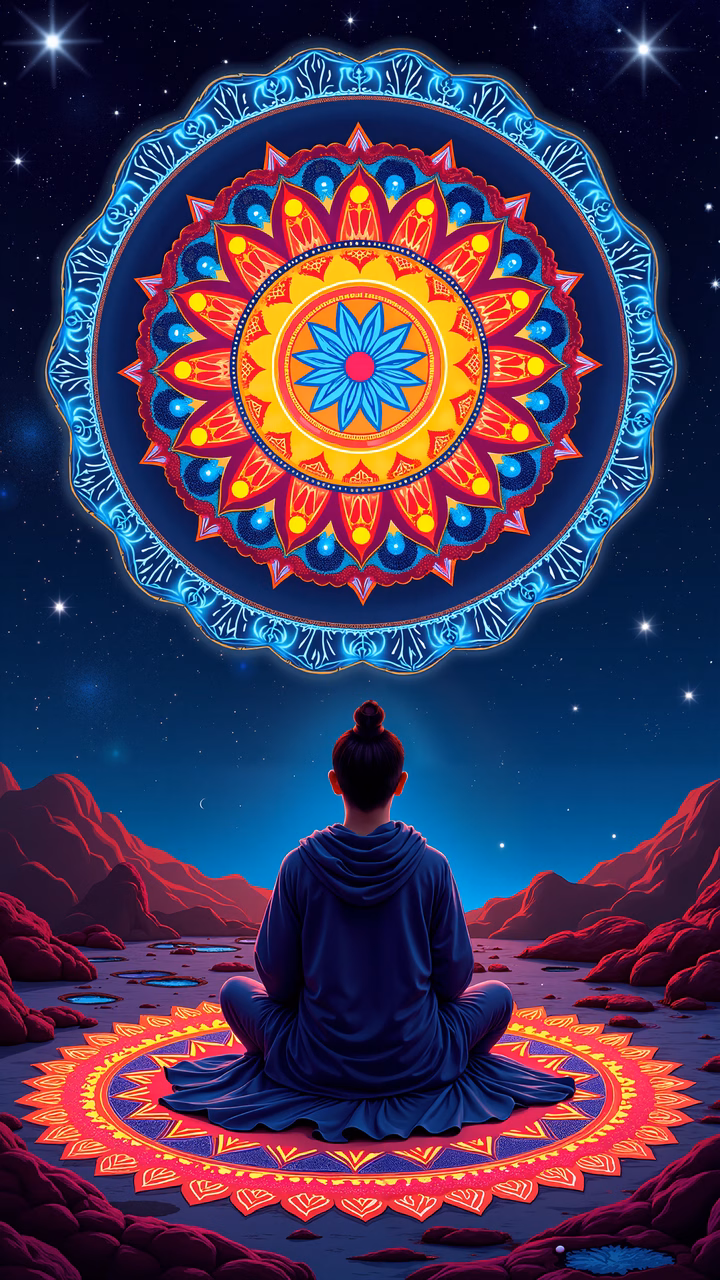 A person meditating under a glowing mandala in a starlit landscape.