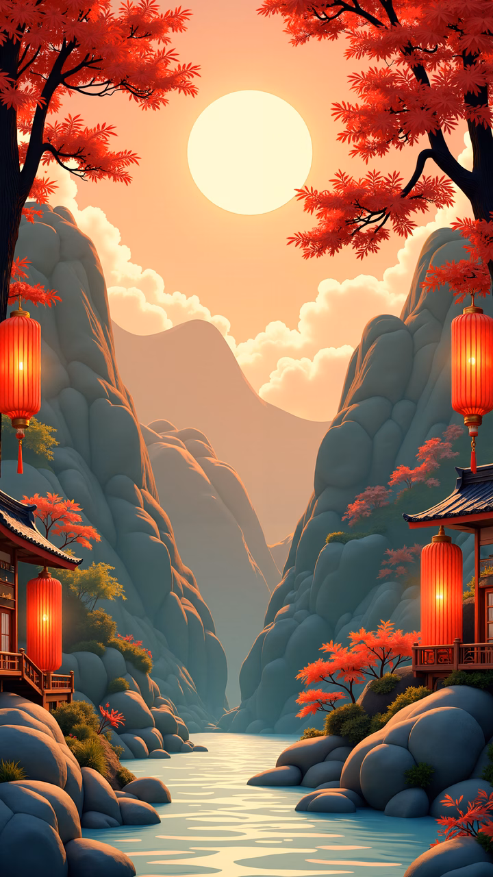 A peaceful mountain sunset scene with red lanterns and vibrant autumn foliage.