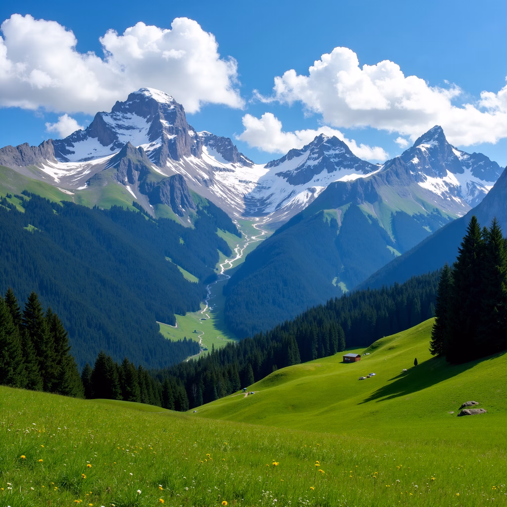 A picturesque mountain valley with vibrant green meadows and a winding river under a clear blue sky.