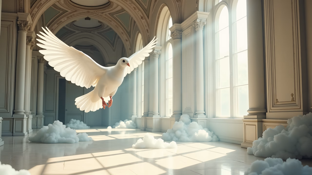 A peaceful dove in a classical interior illuminated by sunlight.