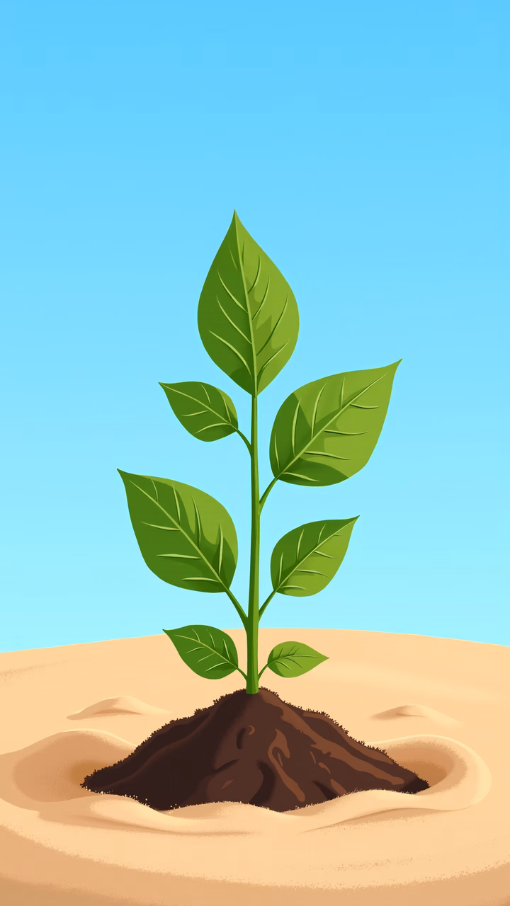 A hopeful illustration of a plant growing from soil under a clear sky.