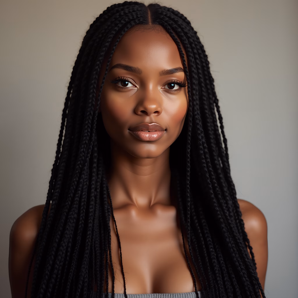 Close-up portrait of a woman with braids, serene and elegant.