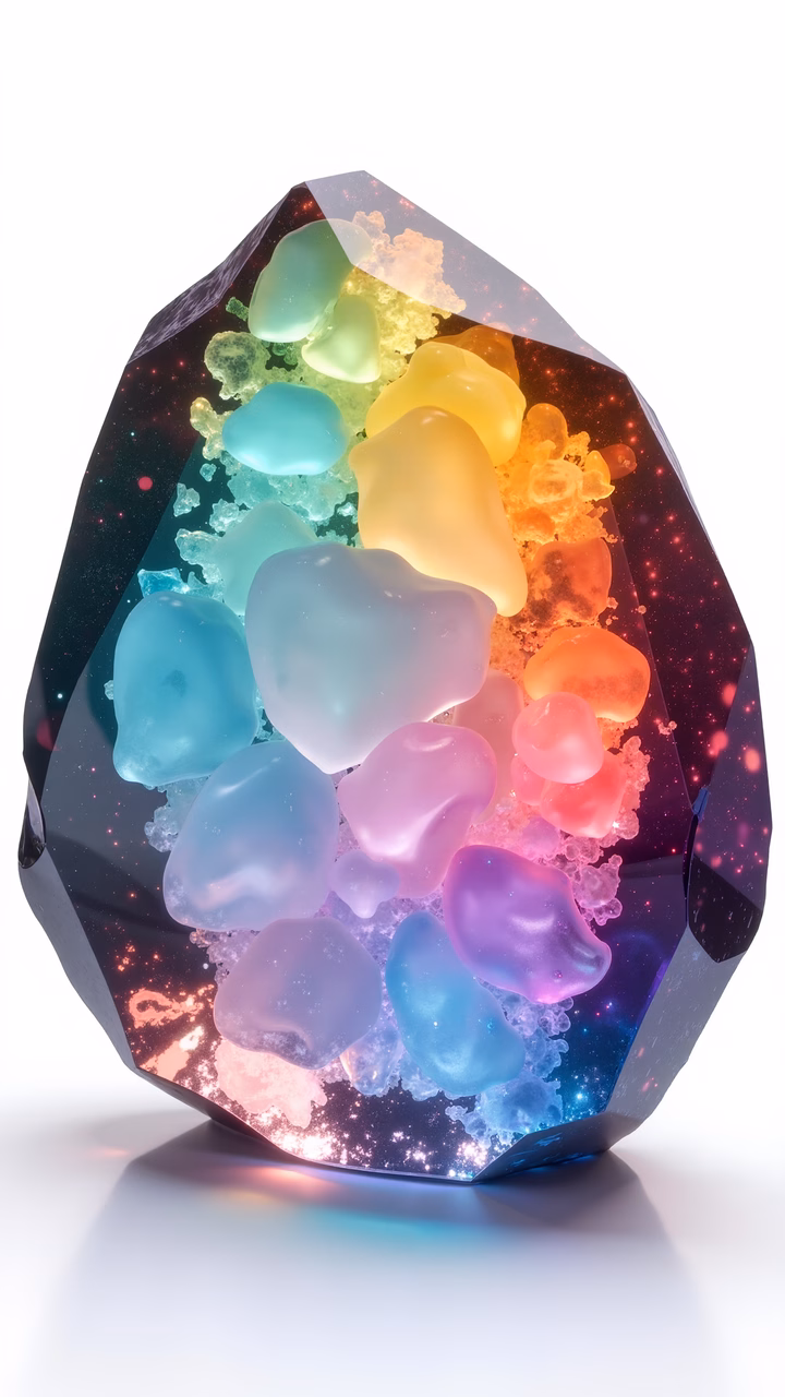 A mesmerizing rainbow crystal with cosmic hues and stars.