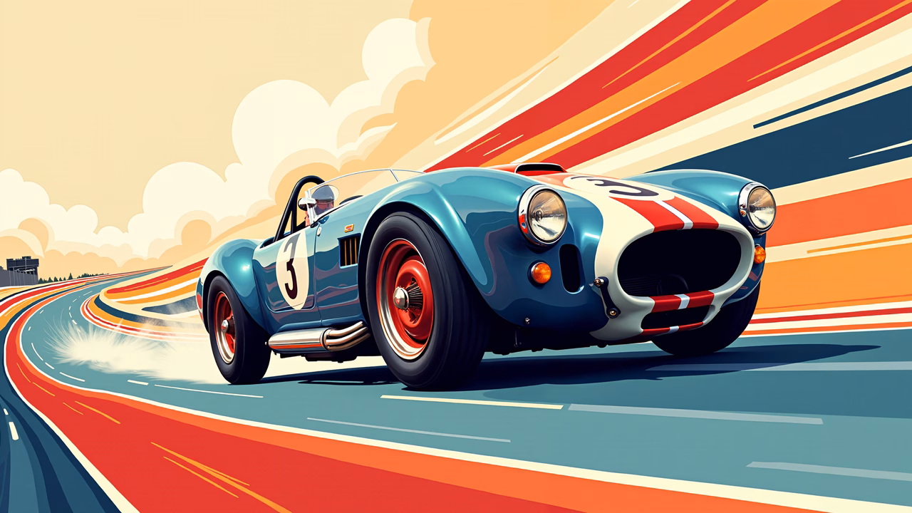 Dynamic retro racing car illustration with bold colors and motion lines.