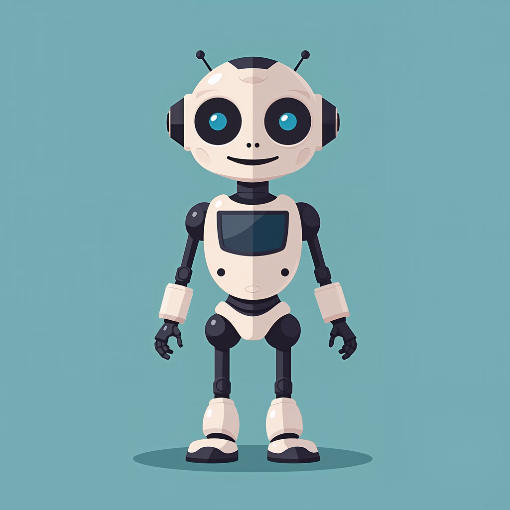 A cute, friendly robot with a cheerful expression against a pastel teal background.