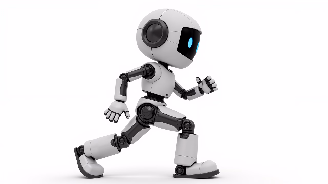 Cute robot character running in a clean, modern illustration style.
