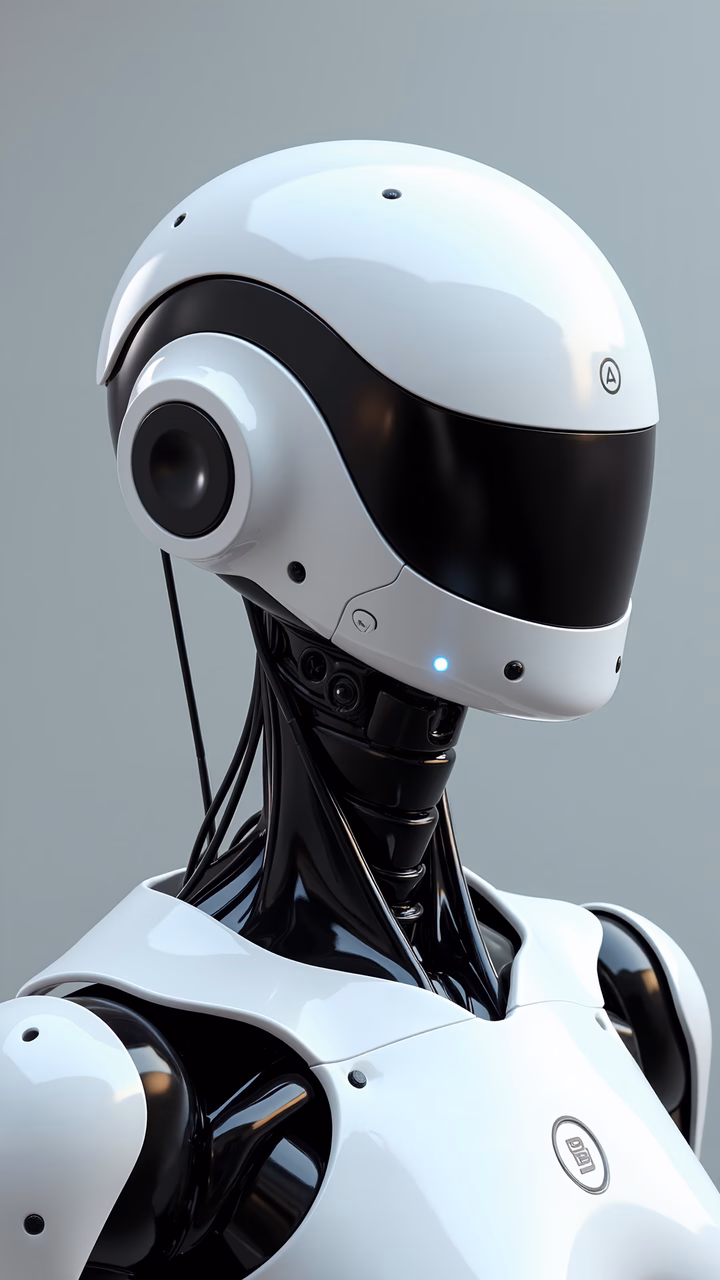 Minimalistic futuristic robotic helmet with sleek design and glossy surfaces.
