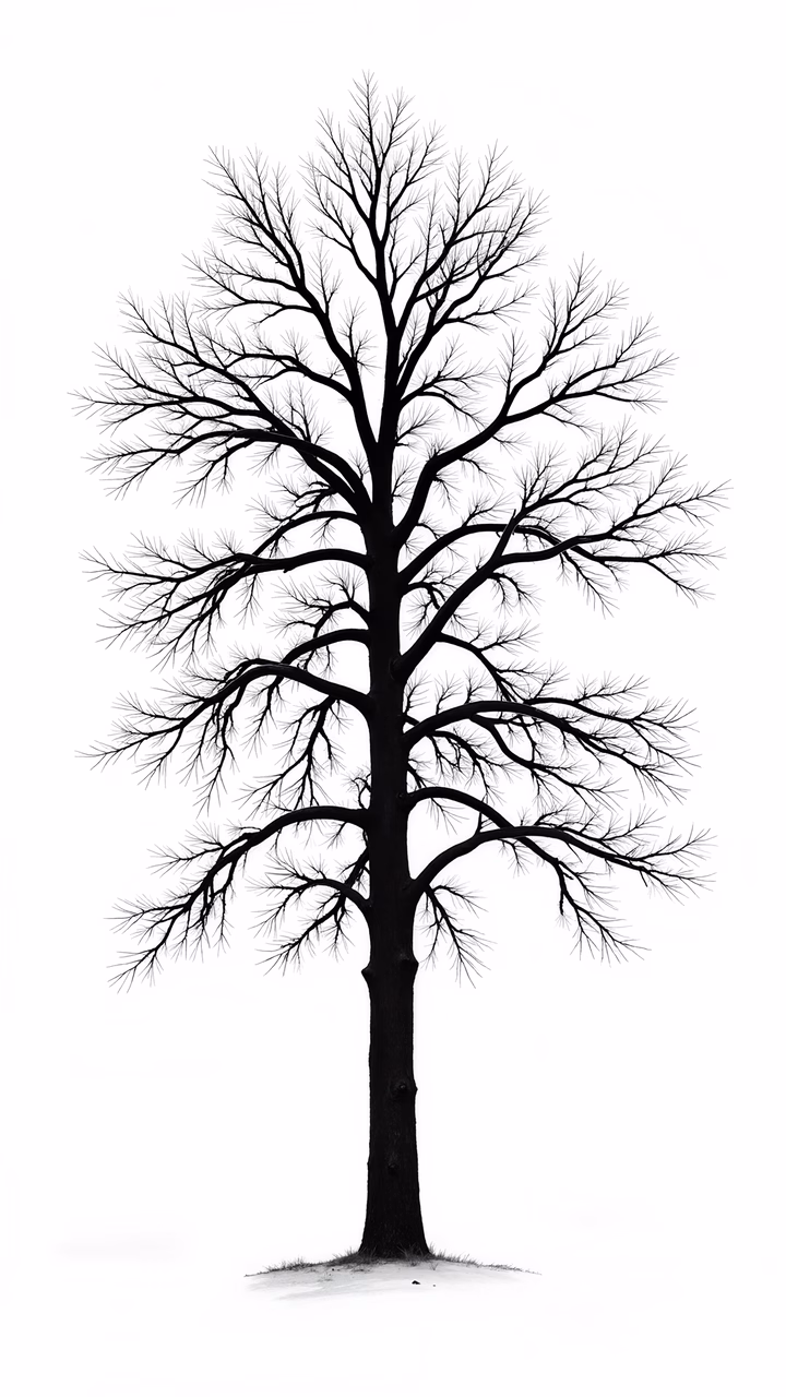 Stark black silhouette of a tree against a white background, symbolizing solitude and strength.