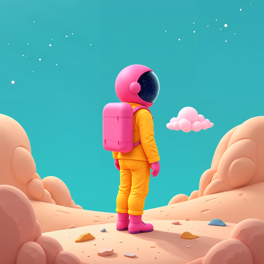 A child astronaut explores a fantastical lunar landscape under a starlit sky.
