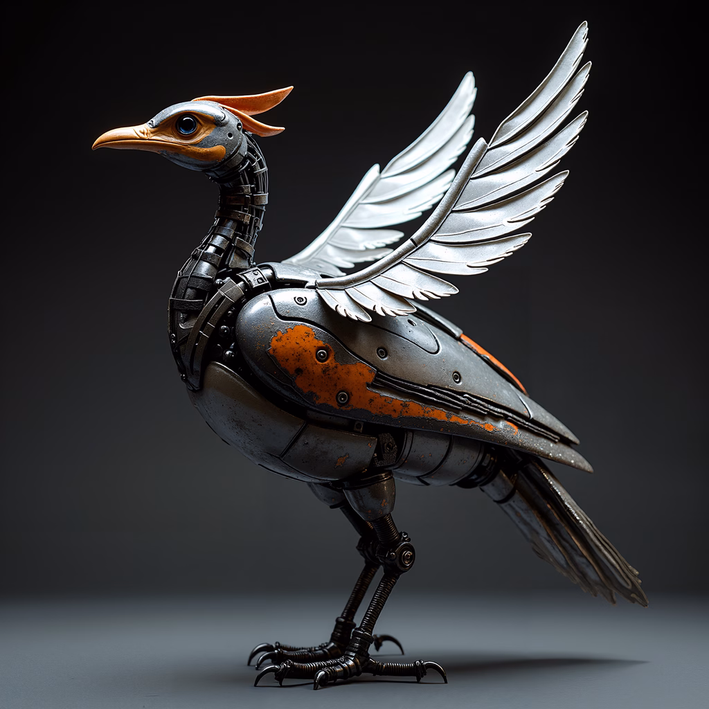 Steampunk bird with metallic and mechanical details, blending Victorian-era machinery with futuristic design.