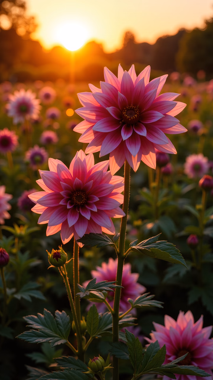 Vibrant pink dahlias illuminated by the golden sunset, capturing the essence of nature’s beauty.