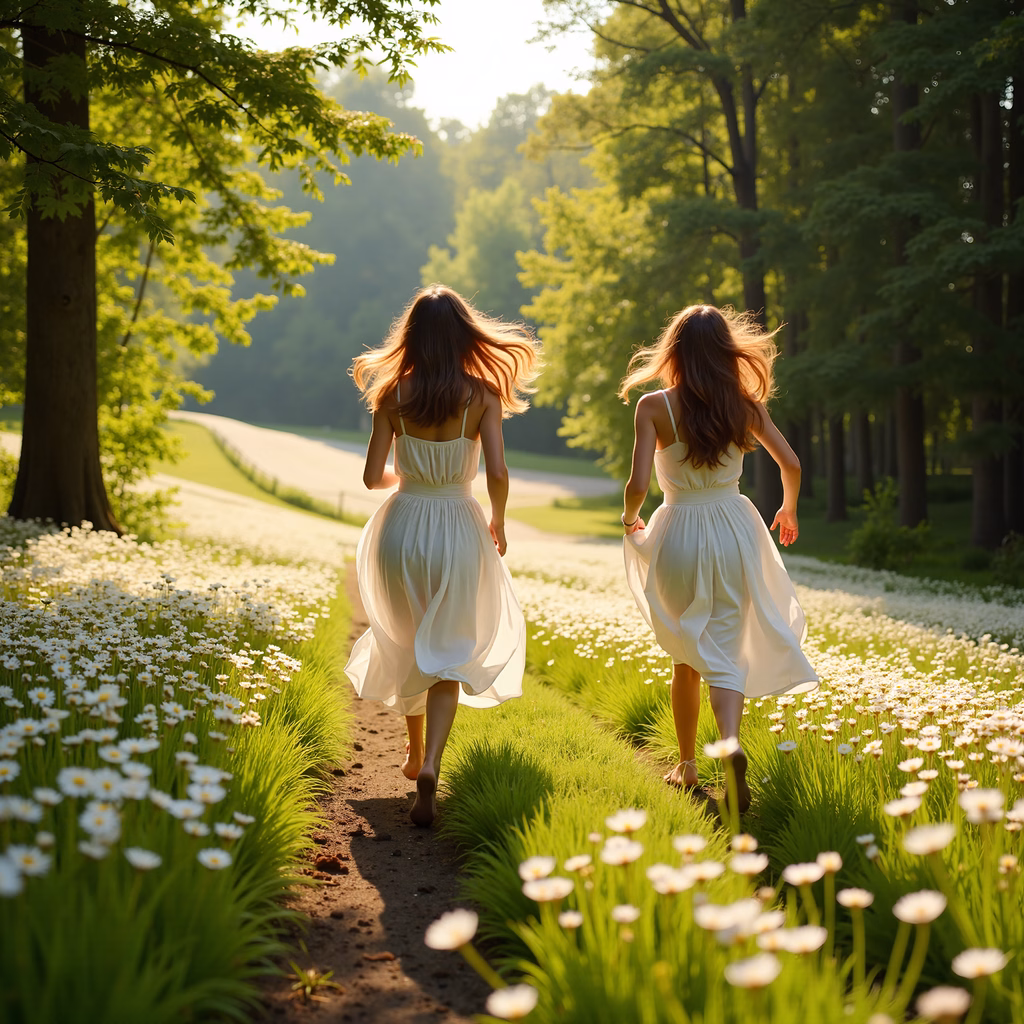 Joyful women running barefoot on a sunlit path surrounded by greenery and white flowers.
