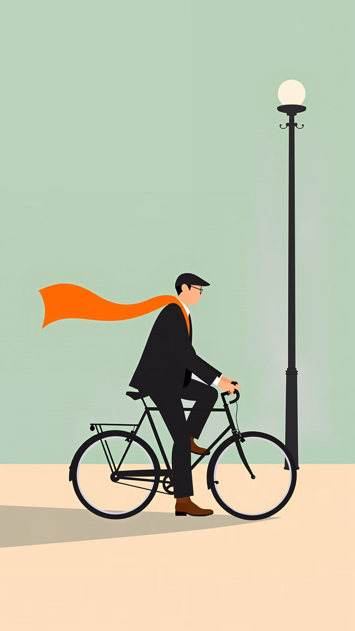 Minimalist illustration of a superhero riding a bicycle in an urban setting.