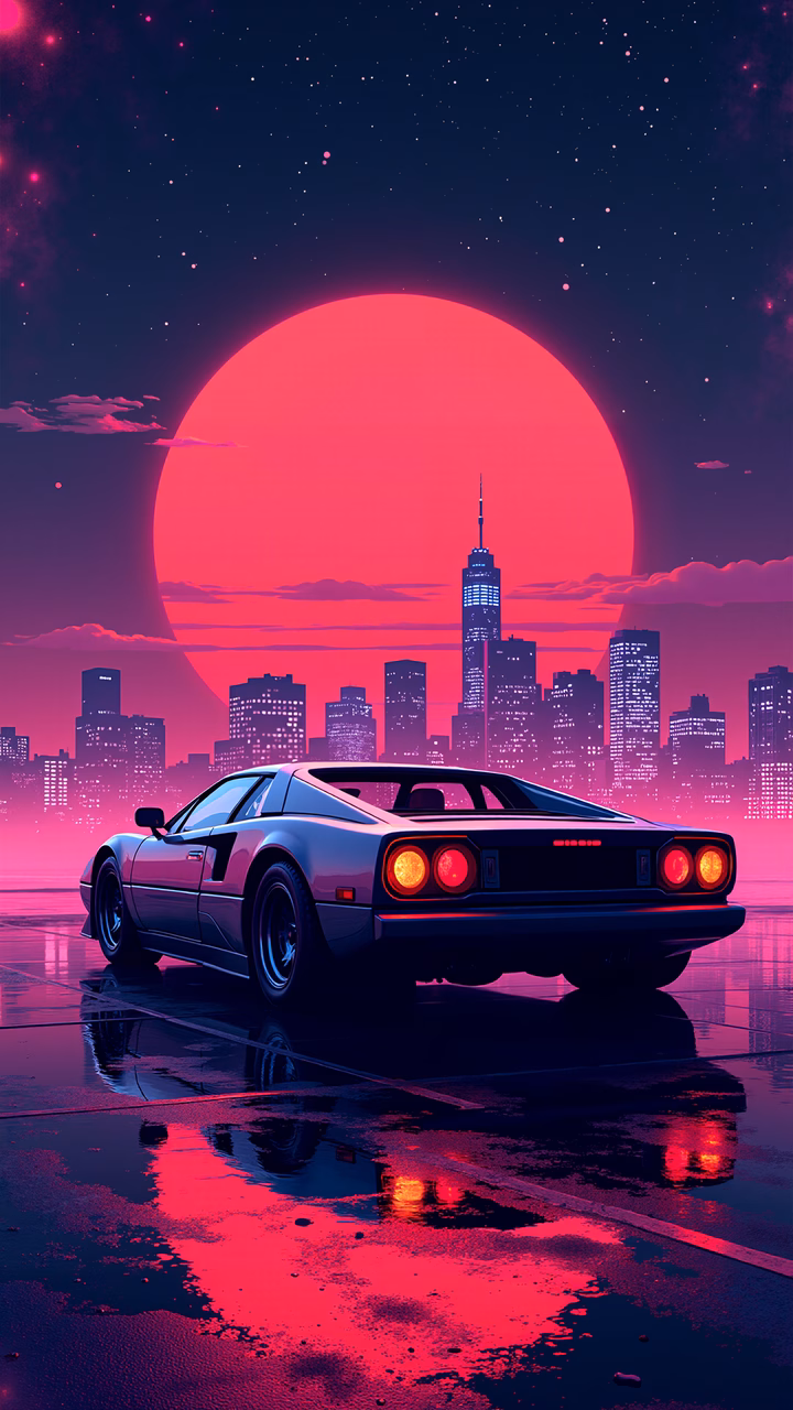 Synthwave-inspired cityscape with a glowing moon and reflective car.