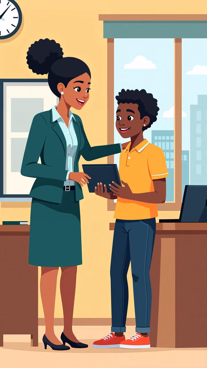 A teacher and student share a moment of learning and connection in a classroom setting.