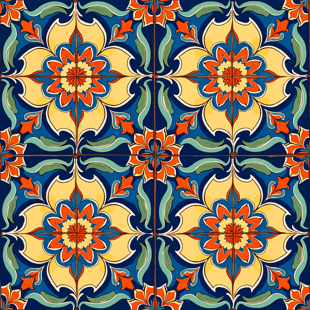 Vibrant tile pattern with bold floral motifs and deep blue background.
