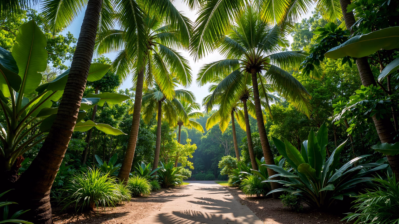 A tranquil tropical pathway surrounded by lush vegetation under natural sunlight.