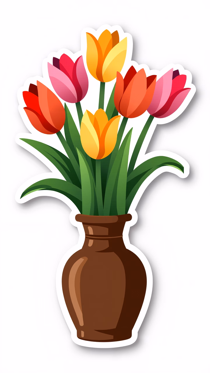 Brightly colored tulips in a simple vase, celebrating spring.