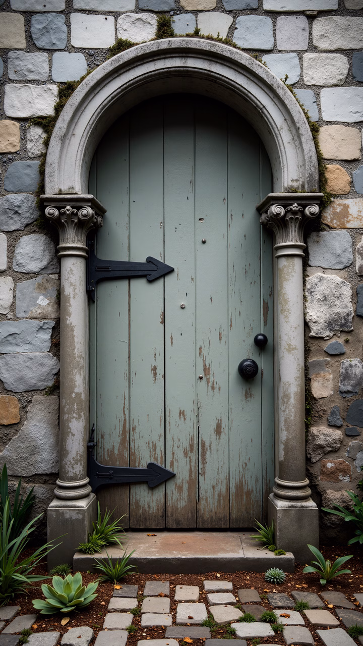Vintage door with arched frame and ornate columns, set against a stone wall with succulents and a stone pathway.