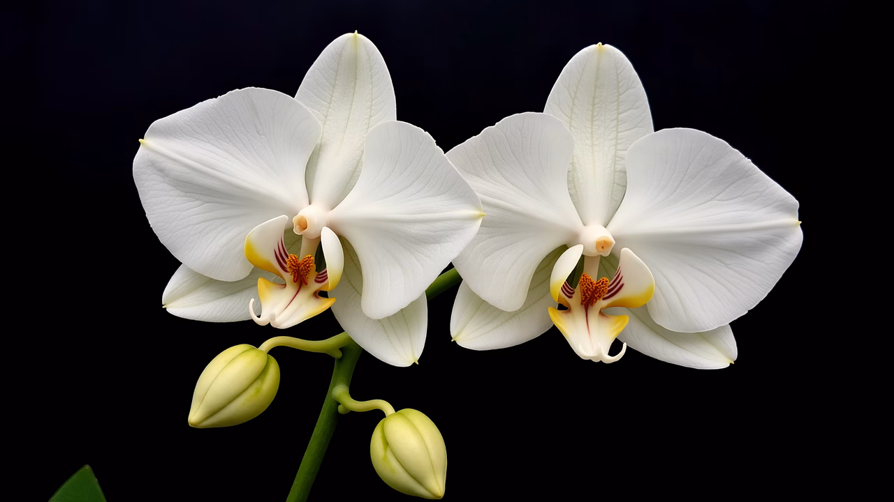 Close-up of white orchids on a black background, emphasizing elegance and purity.