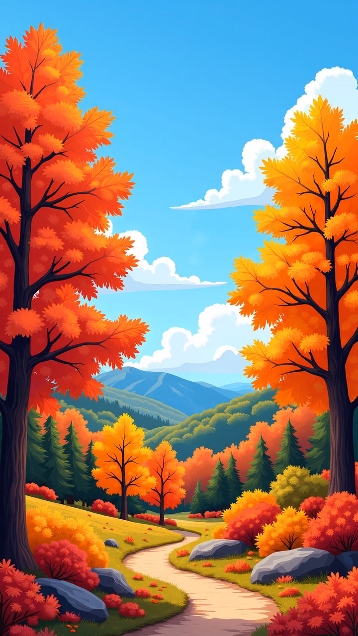 A colorful autumn landscape with vibrant foliage and a winding path.
